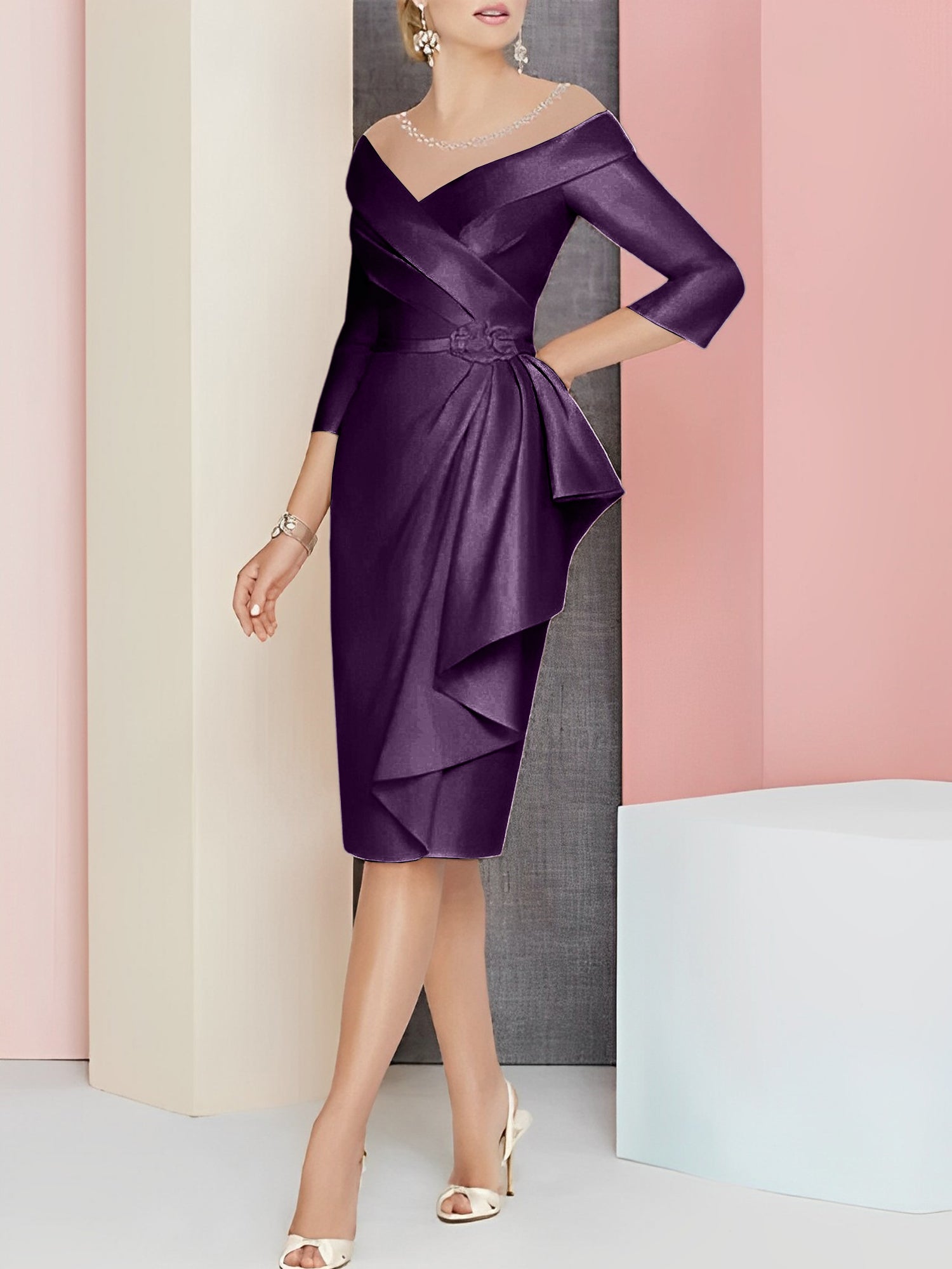 Knee Length V Neck Sheath Column Mother of the Bride Dress