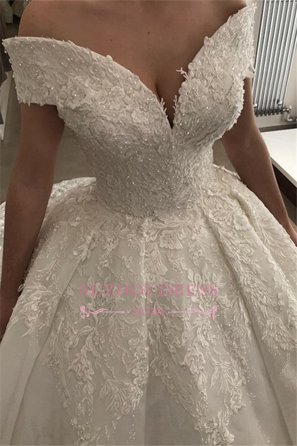 Lace Appliques Ball-Gown V-neck Off-the-shoulder Glamorous Wedding Dresses
