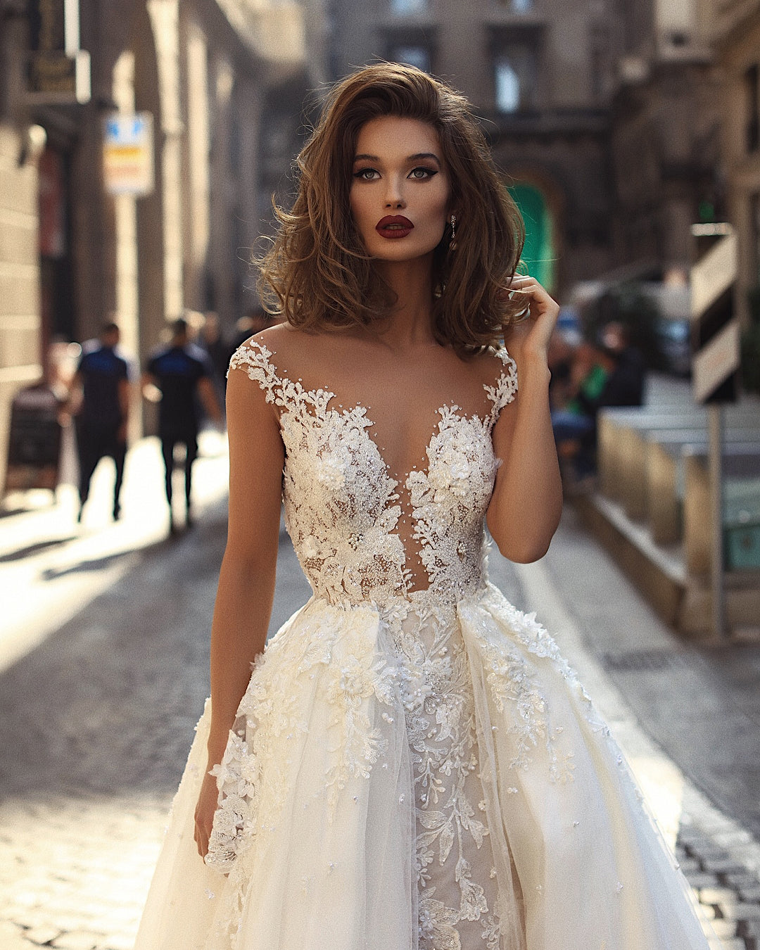Lace Appliques Beads Overskirt Tulle Wedding Dresses | Cap Sleeves Sheer Back Sexy Bridal Gowns