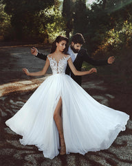 Lace Appliques Chiffon Wedding Dresses Sexy | Front Slit sheer Bride Dress