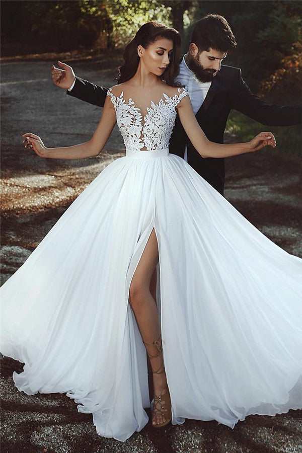 Lace Appliques Chiffon Wedding Dresses Sexy | Front Slit sheer Bride Dress