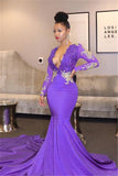 Lace Appliques Deep V-neck Prom Dresses | Long Sleeve Mermaid Evening Dresses