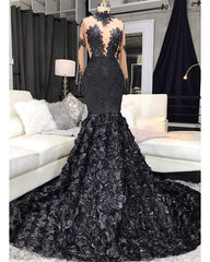 Lace Appliques Flowers High Neck Prom Dresses | Sheer Tulle Mermaid Evening Dresses