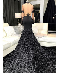 Lace Appliques Flowers High Neck Prom Dresses | Sheer Tulle Mermaid Evening Dresses