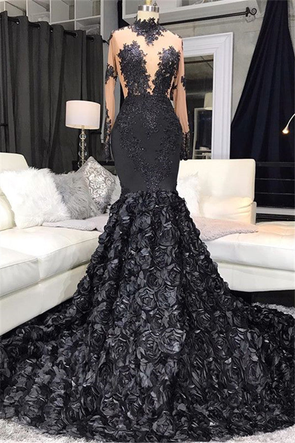 Lace Appliques Flowers High Neck Prom Dresses | Sheer Tulle Mermaid Evening Dresses