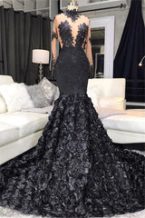 Lace Appliques Flowers High Neck Prom Dresses | Sheer Tulle Mermaid Evening Dresses