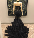 Lace Appliques Halter Feather Prom Dresses | Sleeveless Sexy Mermaid Evening Gowns
