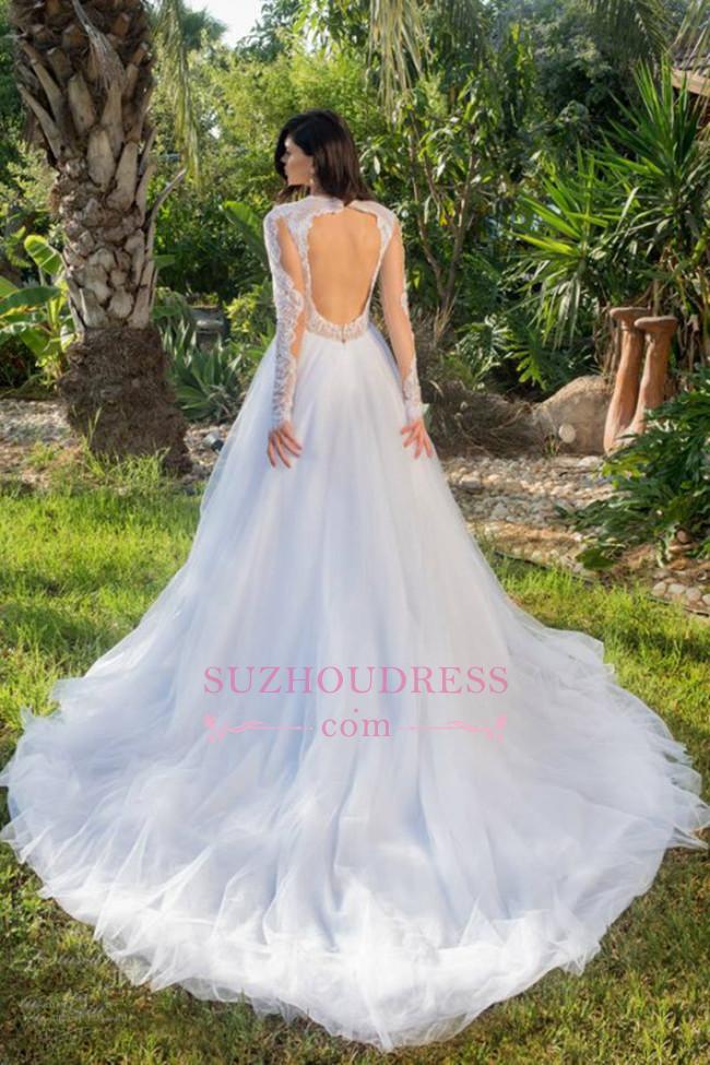 Lace Appliques Long Sleeve Wedding Dresses Modest Tulle A-line Wedding Dress