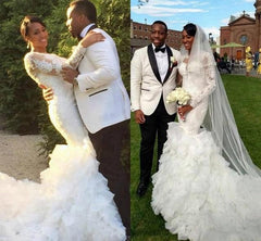 Lace-Appliques Long-Train Delicate Mermaid Ruffles Wedding Dress