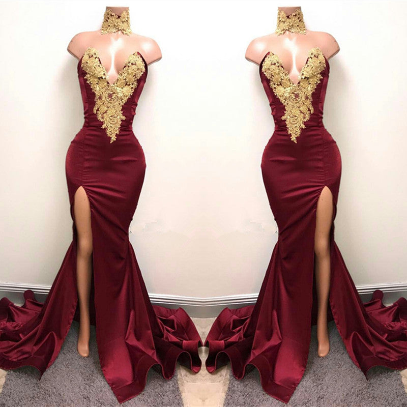 Lace Appliques Mermaid Burgundy Evening Gown Front Split High Neck Sexy Prom Dress BA5998