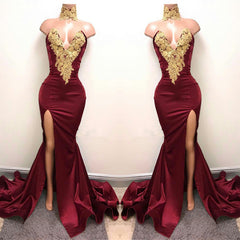 Lace Appliques Mermaid Burgundy Evening Gown Front Split High Neck Sexy Prom Dress BA5998