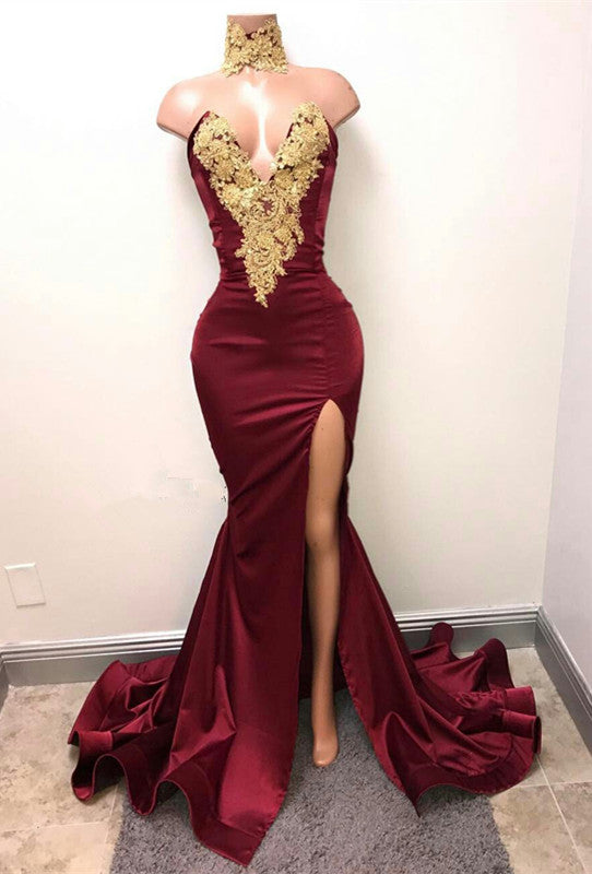 Lace Appliques Mermaid Burgundy Evening Gown Front Split High Neck Sexy Prom Dress BA5998