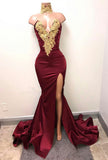Lace Appliques Mermaid Burgundy Evening Gown  Front Split High Neck Sexy Prom Dress BA5998