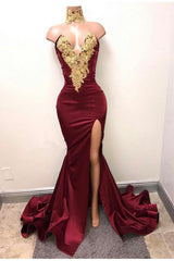 Lace Appliques Mermaid Burgundy Evening Gown Front Split High Neck Sexy Prom Dress BA5998