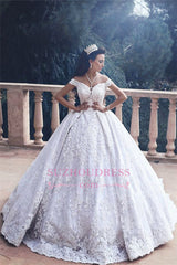 Lace Appliques Princess Bride Dress Luxurious Off-The-Shoulder Ball-Gown Wedding Dress