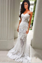 Lace Appliques Sweetheart Evening Gowns White Sheer Mermaid Beach Wedding Dresses