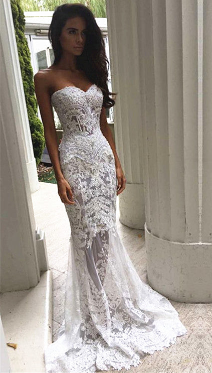 Lace Appliques Sweetheart Evening Gowns White Sheer Mermaid Beach Wedding Dresses