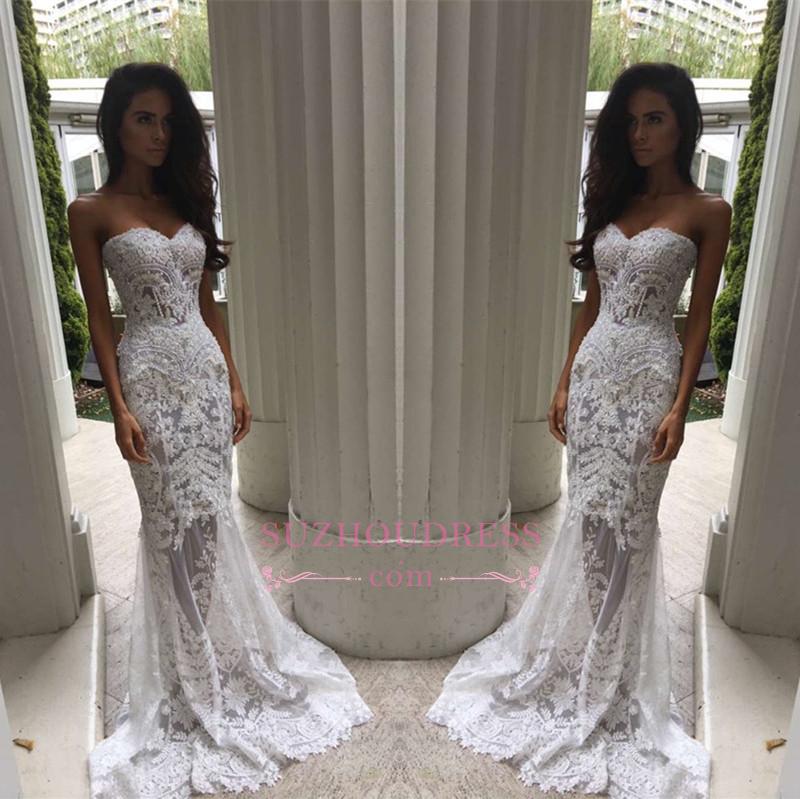 Lace Appliques Sweetheart Evening Gowns White Sheer Mermaid Beach Wedding Dresses