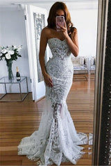 Lace Appliques Sweetheart Evening Gowns White Sheer Mermaid Beach Wedding Dresses