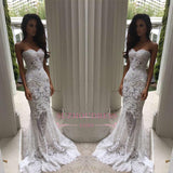 Lace Appliques Sweetheart Evening Gowns White Sheer Mermaid Wedding Dresses