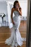 Lace Appliques Sweetheart Evening Gowns White Sheer Mermaid Wedding Dresses
