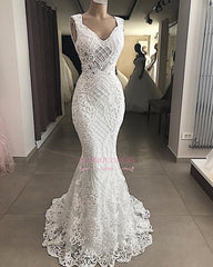 Lace Attractive Appliques V-Neck Mermaid Sleeveless Wedding Dresses