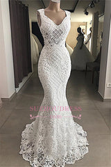 Lace Attractive Appliques V-Neck Mermaid Sleeveless Wedding Dresses