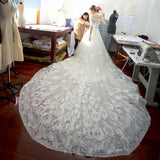Lace Cathedral Train Off-the-Shoulder Wedding Dresses Elbow Sleeves Charming White Bridal Gowns