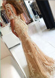Lace Champagne Mermaid Evening Gowns Half Sleeves Open Back Prom Dresses