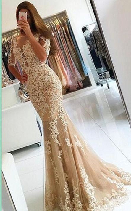 Lace Champagne Mermaid Evening Gowns Half Sleeves Open Back Prom Dresses