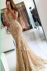 Lace Champagne Mermaid Evening Gowns Half Sleeves Open Back Prom Dresses