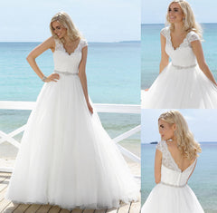 Lace Crystal Beading Wedding Dresses A Line V Neck Cap Sleeves Tulle Bridal Gowns