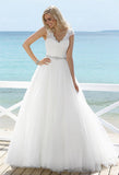Lace Crystal Beading Wedding Dresses A Line V Neck Cap Sleeves Tulle Bridal Gowns