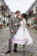 Lace Designer Tulle Tea-Length Charming Zipper Wedding Dress