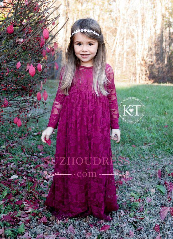 Lace Flower Sleeves Cute Fuchsia Girls Pageant Dresses