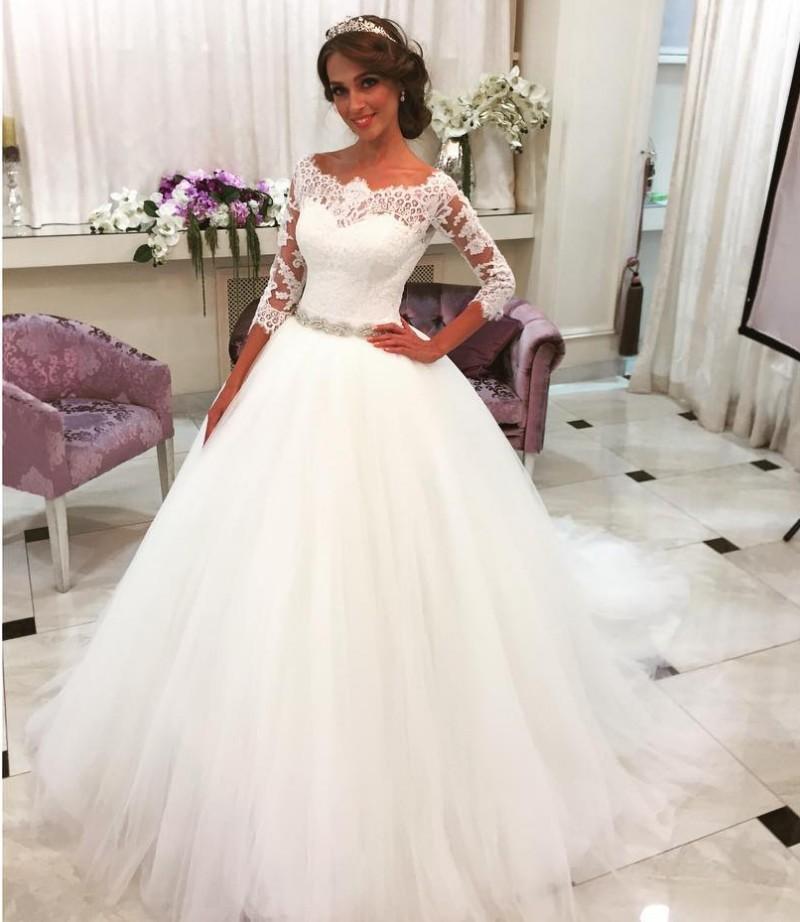 Lace Half Sleeves Ball Gown Wedding Dresses Scalloped Neckline Tulle Skirt Bride Dress with Crystal Belt BA6401 | Suzhoufashion Lace Half Sleeves Ball Gown Wedding Dresses Scalloped Neckline Tulle Skirt Bride Dress with Crystal Belt BA6401 | Suzhoufashion