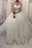 Lace Long Sleeve Ball Gown Wedding Dresses | Sheer Tulle Appliques Bridal Gowns Online