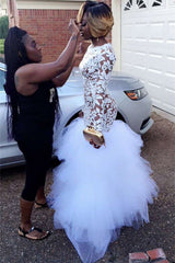 Lace Long Sleeve Mermaid Tulle Prom Dress New Arrival Floor Length Evening Gown YJ0004