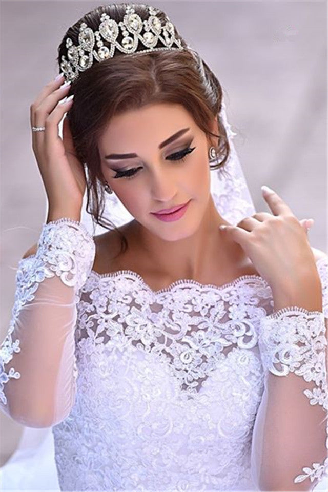 Lace Long Sleeve Wedding Dresses Off-the-shoulder A-line Bridal Gowns