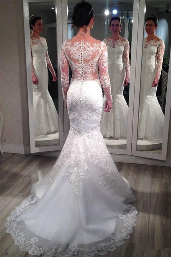 Lace Long Sleeve Wedding Dresses Vintage Mermaid Bridal Gowns with Appliques | Suzhoufashion