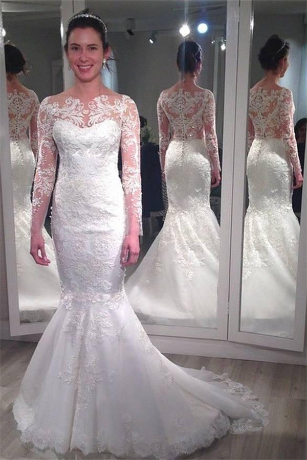 Lace Long Sleeve Wedding Dresses Vintage Mermaid Bridal Gowns with Appliques