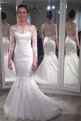 Lace Long Sleeve Wedding Dresses Vintage Mermaid Bridal Gowns with Appliques