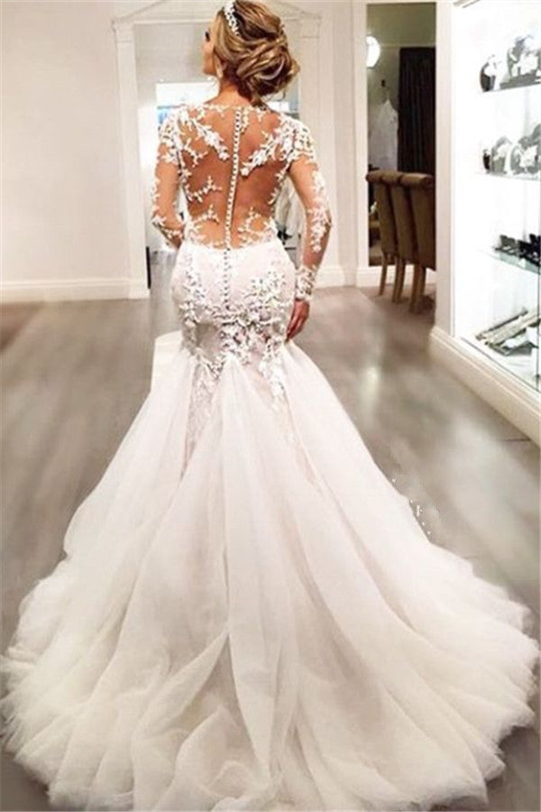 Lace Mermaid Breathtaking Wedding Dresses V-neck Long Sleeve Modern Bridal Gowns WE0037