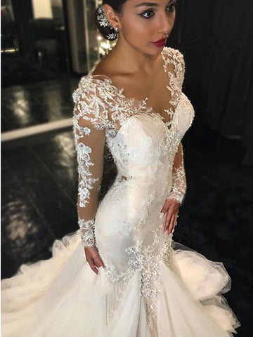 Lace Mermaid Breathtaking Wedding Dresses V-neck Long Sleeve Modern Bridal Gowns WE0037