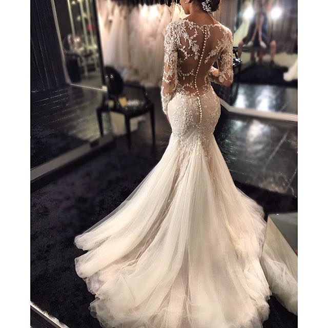 Lace Mermaid Breathtaking Wedding Dresses V-neck Long Sleeve Modern Bridal Gowns WE0037