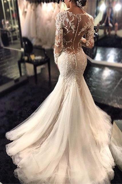 Lace Mermaid Breathtaking Wedding Dresses V-neck Long Sleeve Modern Bridal Gowns WE0037