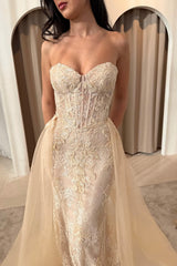 Lace Mermaid Prom Dress with Detachable Overskirt and Corset Bodice