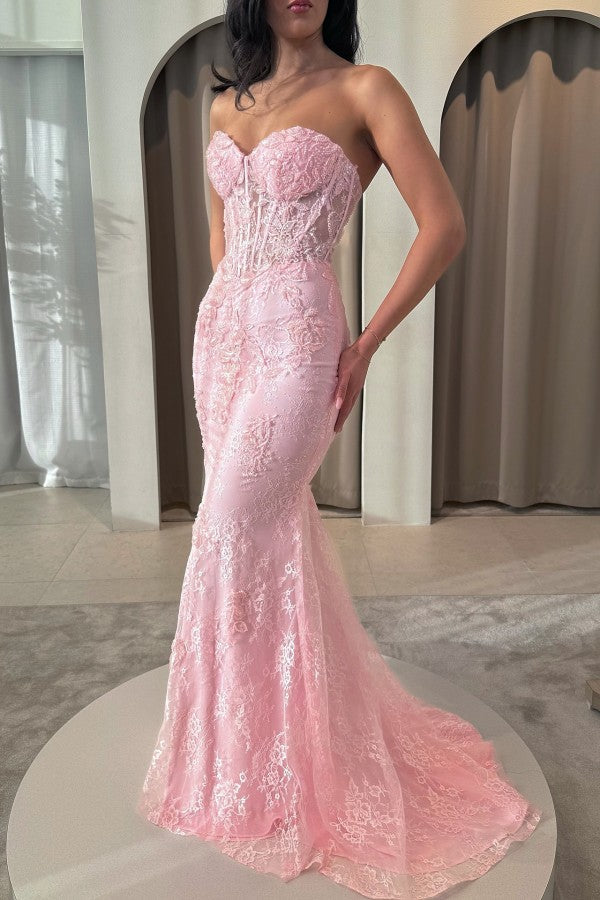Lace Mermaid Prom Dress with Detachable Overskirt and Corset Bodice