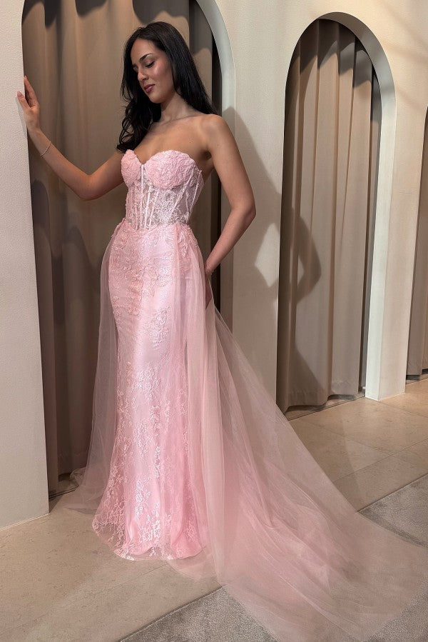 Lace Mermaid Prom Dress with Detachable Overskirt and Corset Bodice