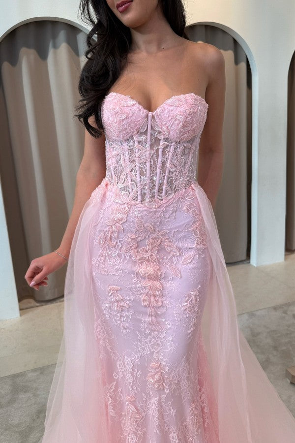 Lace Mermaid Prom Dress with Detachable Overskirt and Corset Bodice